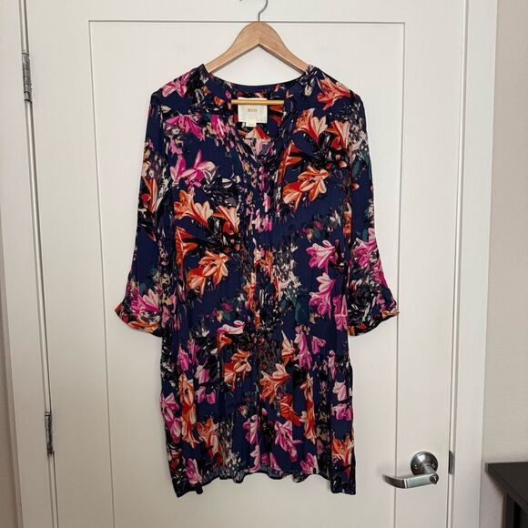 Maeve Dresses & Skirts - Maeve Tunic Dress Womens Sz L Purple Long Sleeve Pockets Buttons Floral Romantic